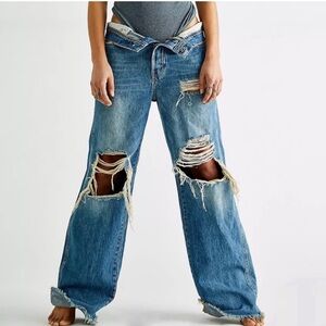 Free People “Ollie” Wide Leg Retro Distressed Jeans
